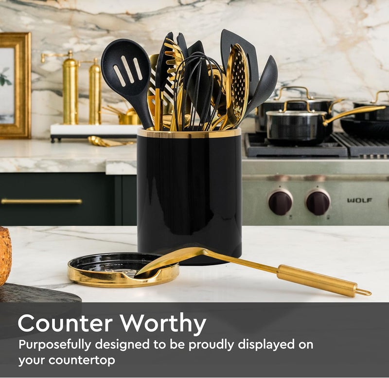 styled settings Black and Gold Utensil Holder with Built-in Spoon Rest - 2 PC Large Ceramic Utensil Holder Includes Black & Gold Spoon Rest - Luxury Kitchen Accessories - Utensils Not Included - Image 3
